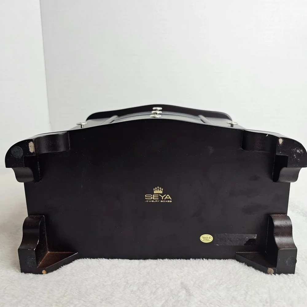 Brown Wooden Jewelry Box with Mirror, Velvet Lining, Drawers, Hooks for Jewelry